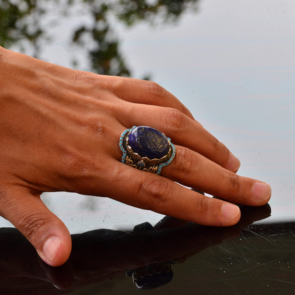 Handcrafted 925 Sterling Silver Men's Ring - Natural Lapis Lazuli Stone — 5