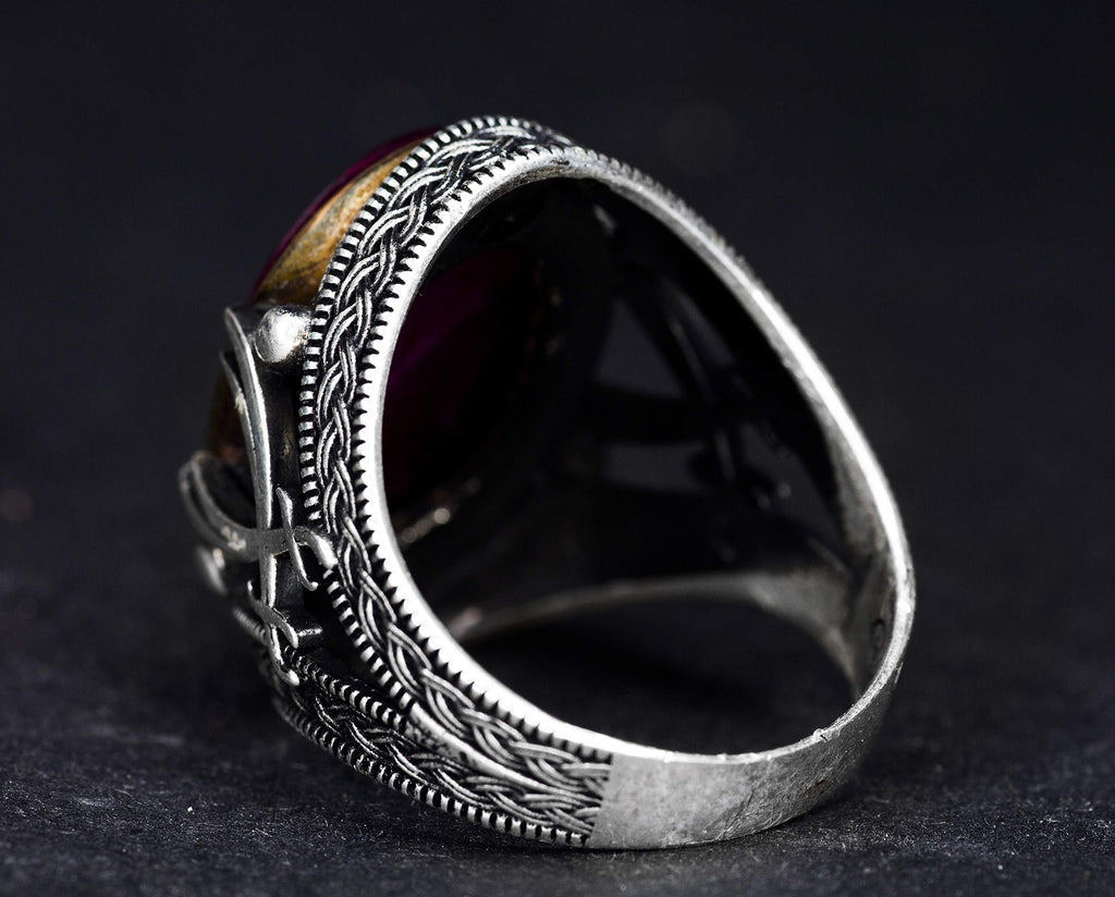 Natural Stone Ring - Silver Men's Handmade Sword Ring (Cabochon Red Ruby) — 6