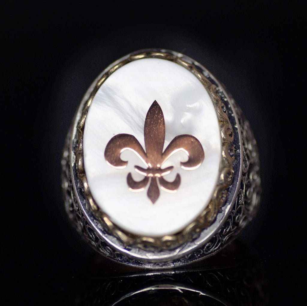 Noble and Symbolic Men's 925 Sterling Silver Ring - Lily Symbol, Adorned with Natural Stones — 2