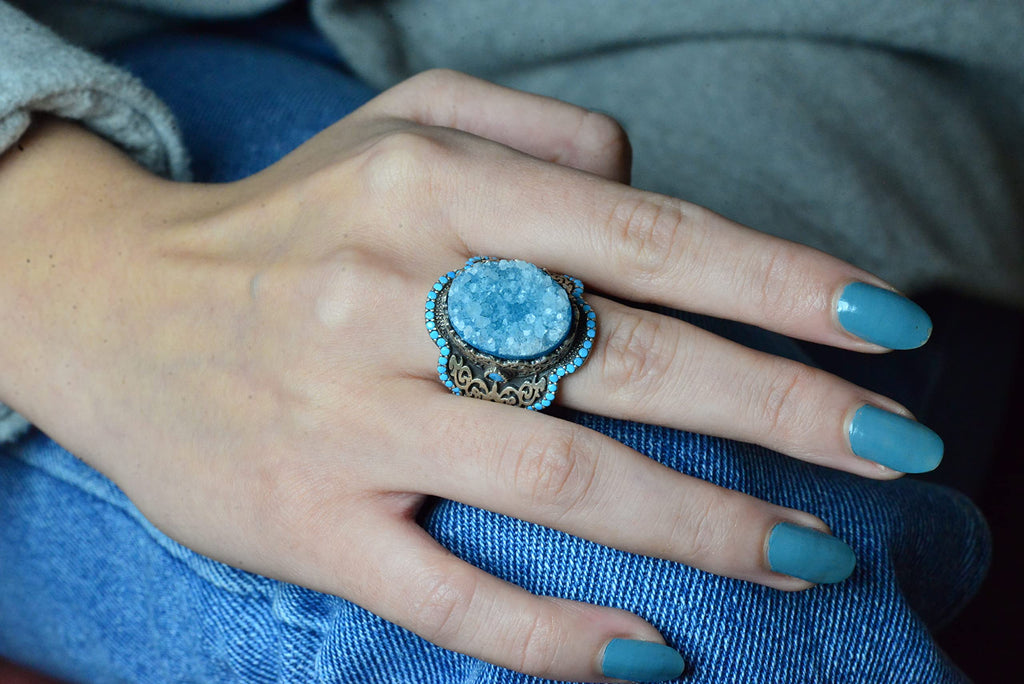 Handmade 925 Sterling Silver Men's Ring with Natural Stone - Cultural Design (Blue Drusy Crystal) — 6