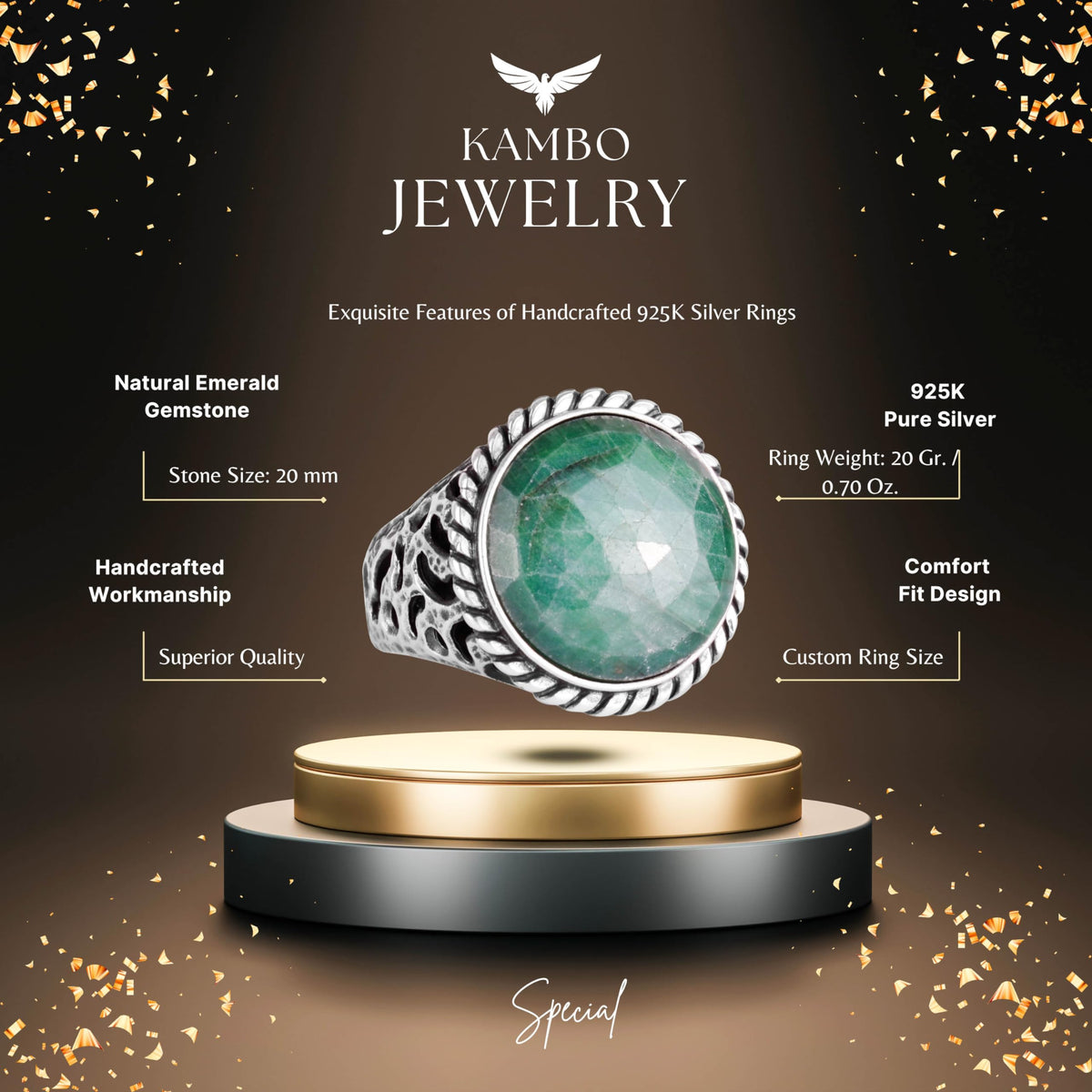 Natural Emerald Stone 925 Sterling Silver Men's Ring — 2