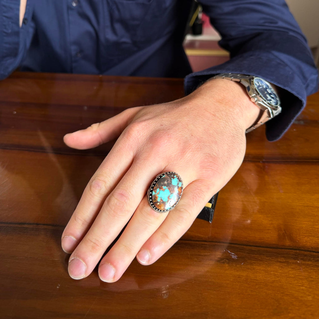 KAMBO Natural Turquoise Stone Ring 925 Sterling Silver Men's Ring Large Oval Stone Ottoman Tugra Style Handmade Vintage Design (Turquoise-2) — 2