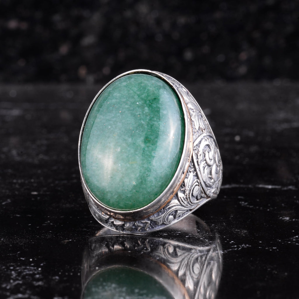 KAMBO Natural Aventurine Stone Large Ring for Men - Oval Green Vintage Engraved Statement Ring - 925 Sterling Silver Handmade Men's Jewelry — 3