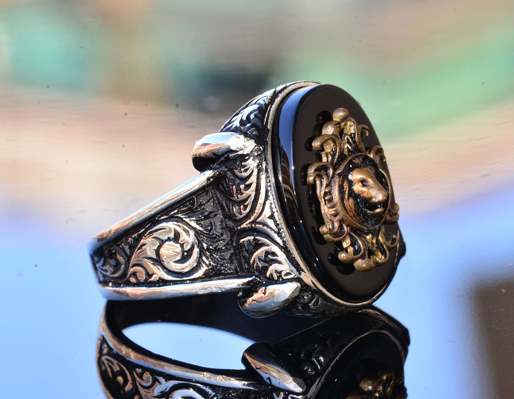 Handcrafted 925 Sterling Silver Men's Ring with Lion Head Symbol and Created Onyx Stone, Unique Bold Design