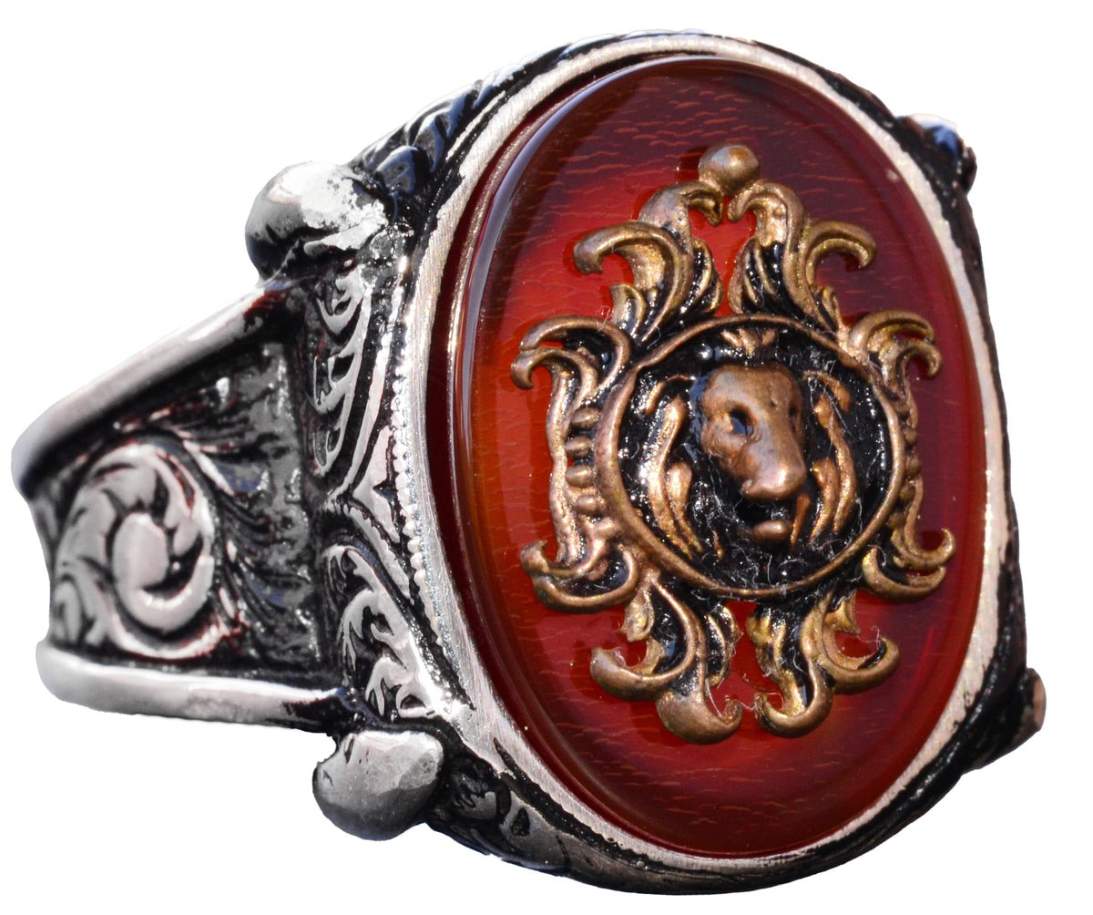 925 Sterling Silver Men's Ring with Created Agate Stone - Lion Symbol Design, Bold and Majestic