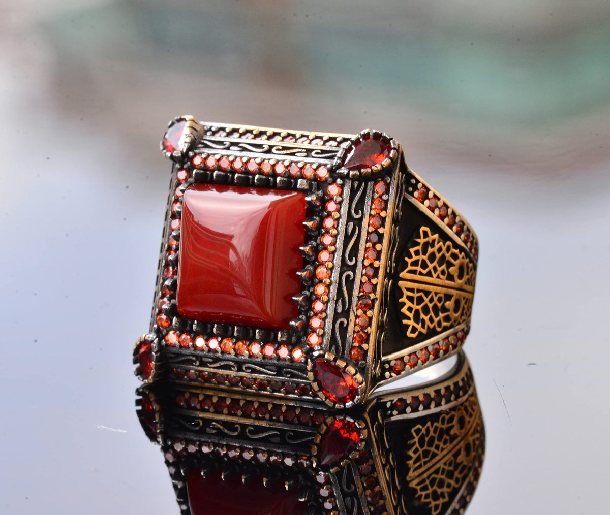 Natural Red Agate Stone Ring - Silver Men's Sultan Ring — 6