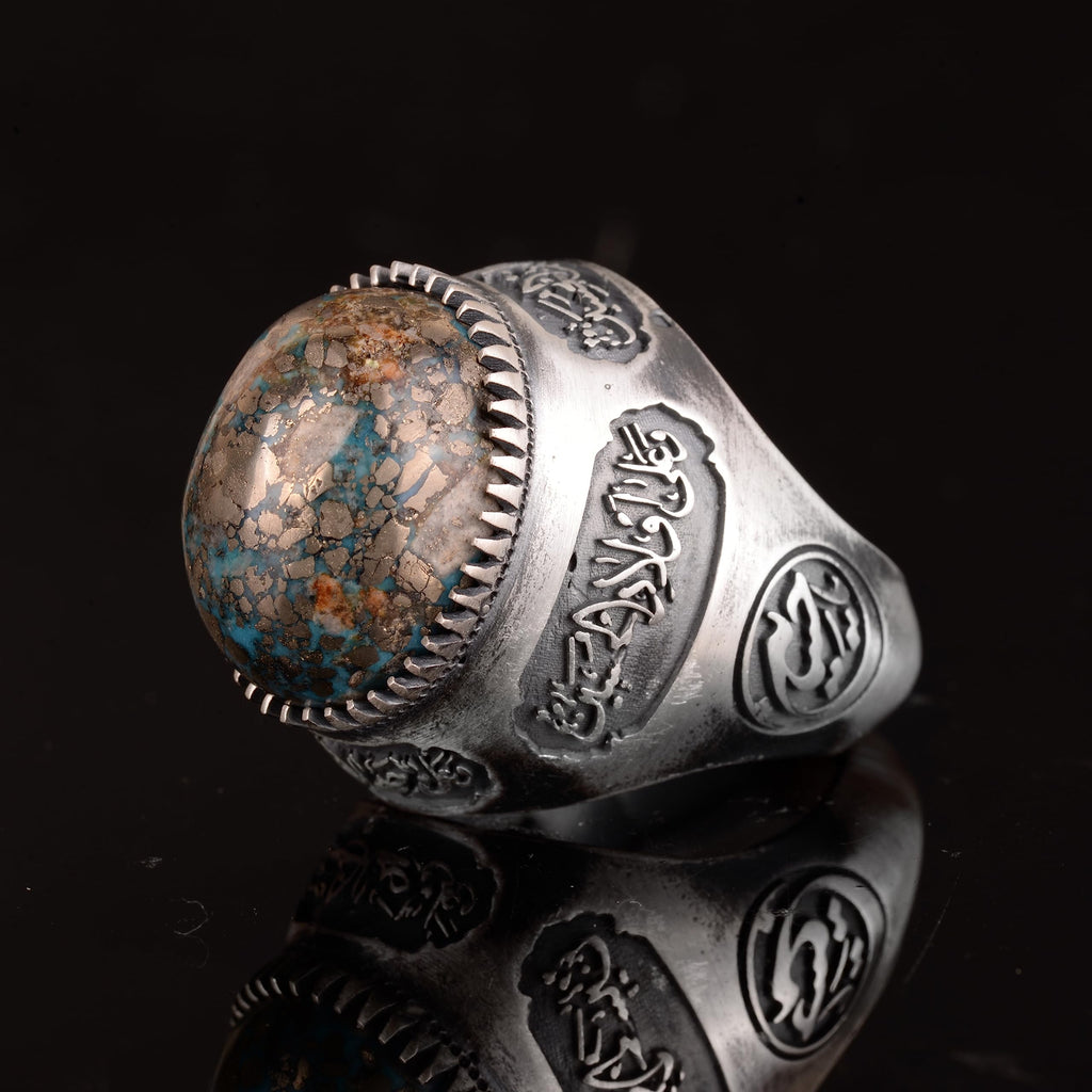 KAMBO Handmade 925 Sterling Silver Men's Ring with Genuine Natural Turquoise Stone, Islamic Calligraphy Design, Vintage 