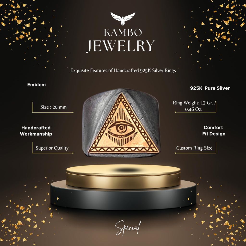 Handcrafted 925 Sterling Silver Men's Ring with Gold-Plated Triangle Eye Symbol