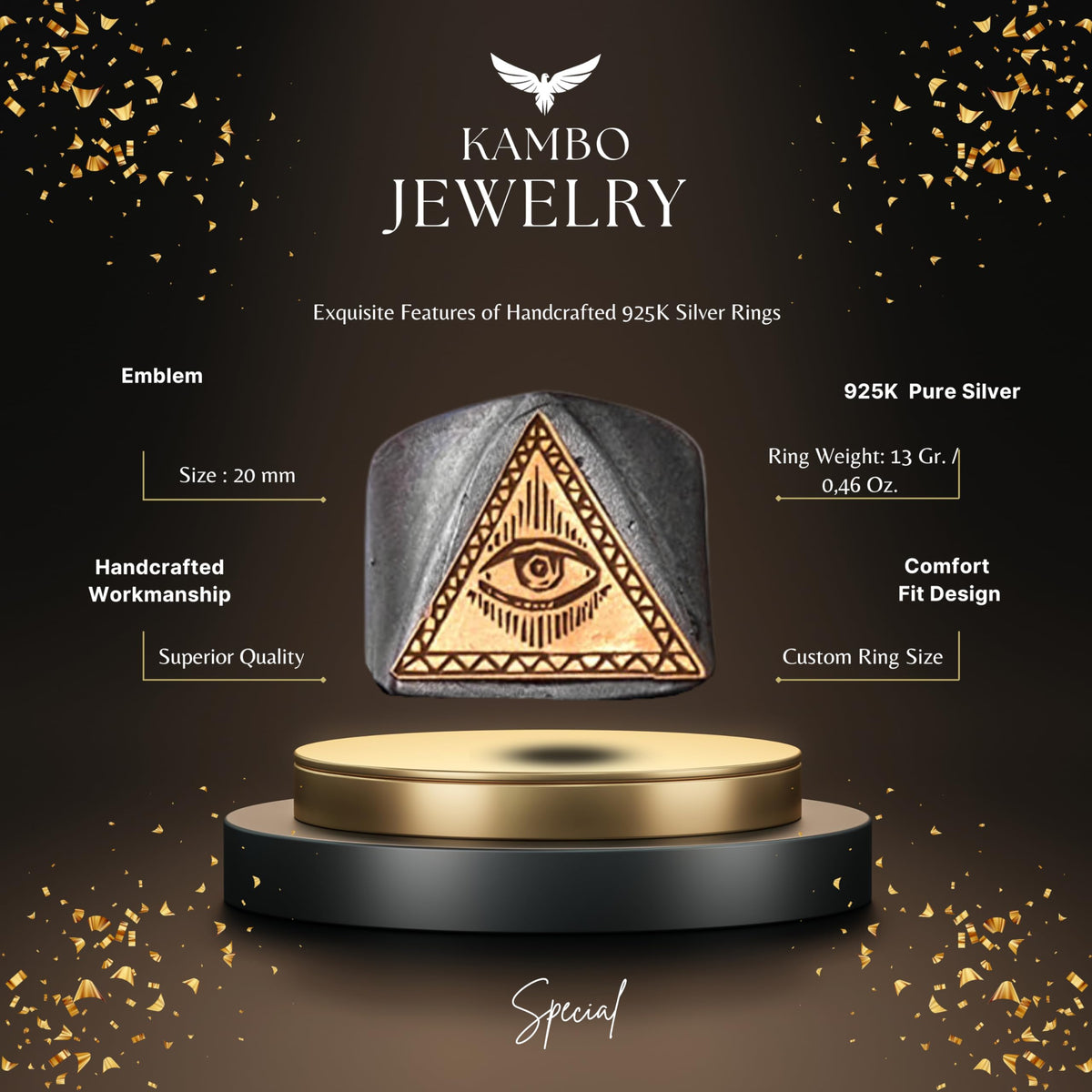 KAMBO Handcrafted 925 Sterling Silver Men's Ring with Gold-Plated Triangle Eye Symbol Masonic Design Vintage Statement J