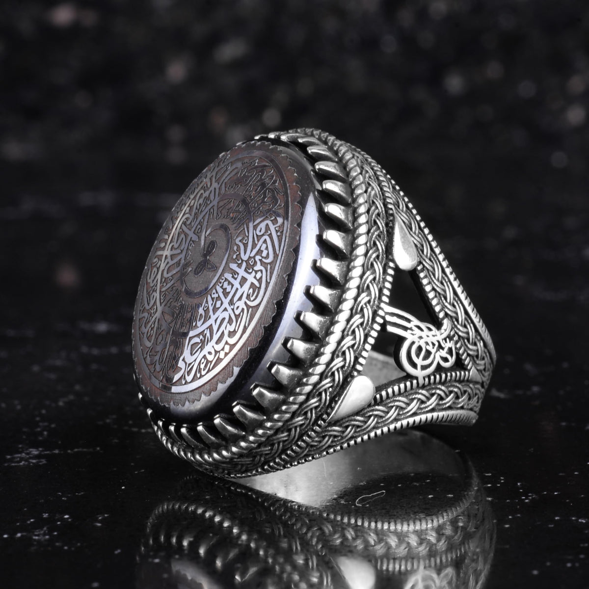 KAMBO Natural Hematite Stone Ring – 925 Sterling Silver Ottoman Tugra Design – Islamic Men's Statement Ring (Allah Arabic Calligraphy) — 6