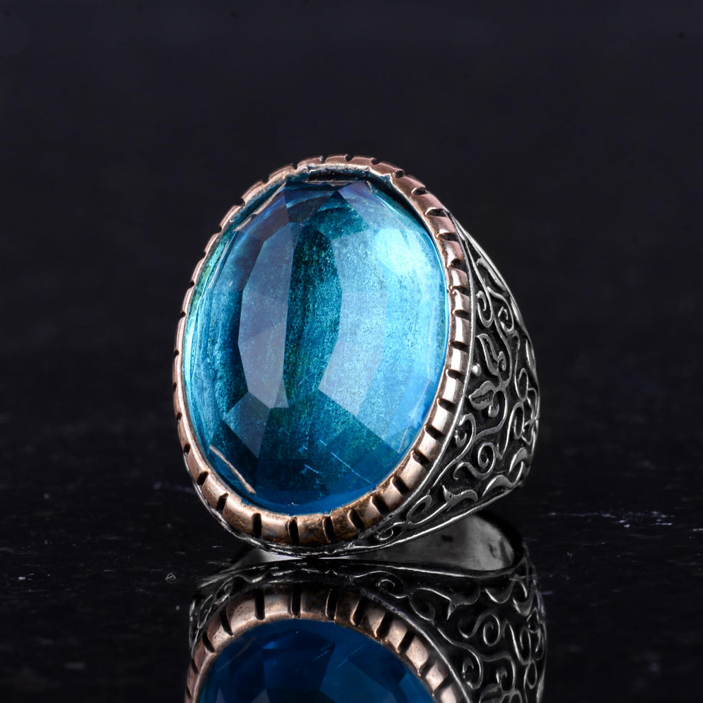 Synthetic Stone Ring, 925 Sterling Silver Men's Ring, Large Ring (Synthetic Aquamarine Stone) — 5