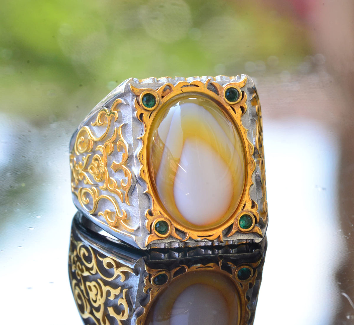 Natural Mother of Pearl Stone Men's Ring, Handmade Gold Carving Design, 925 Sterling Silver Ring — 3