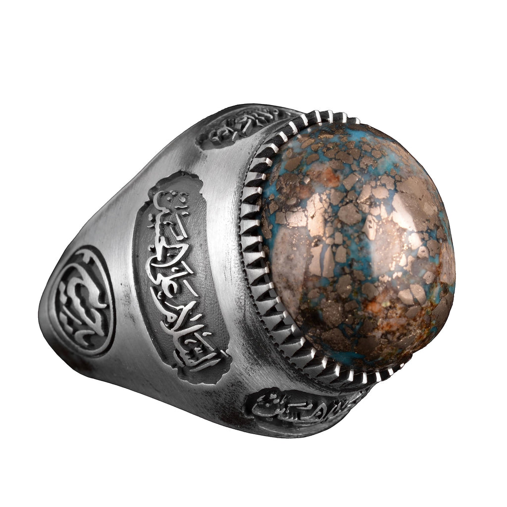 Handmade 925 Sterling Silver Ring with Natural Turquoise Stone and Islamic Calligraphy - Men's Jewelry