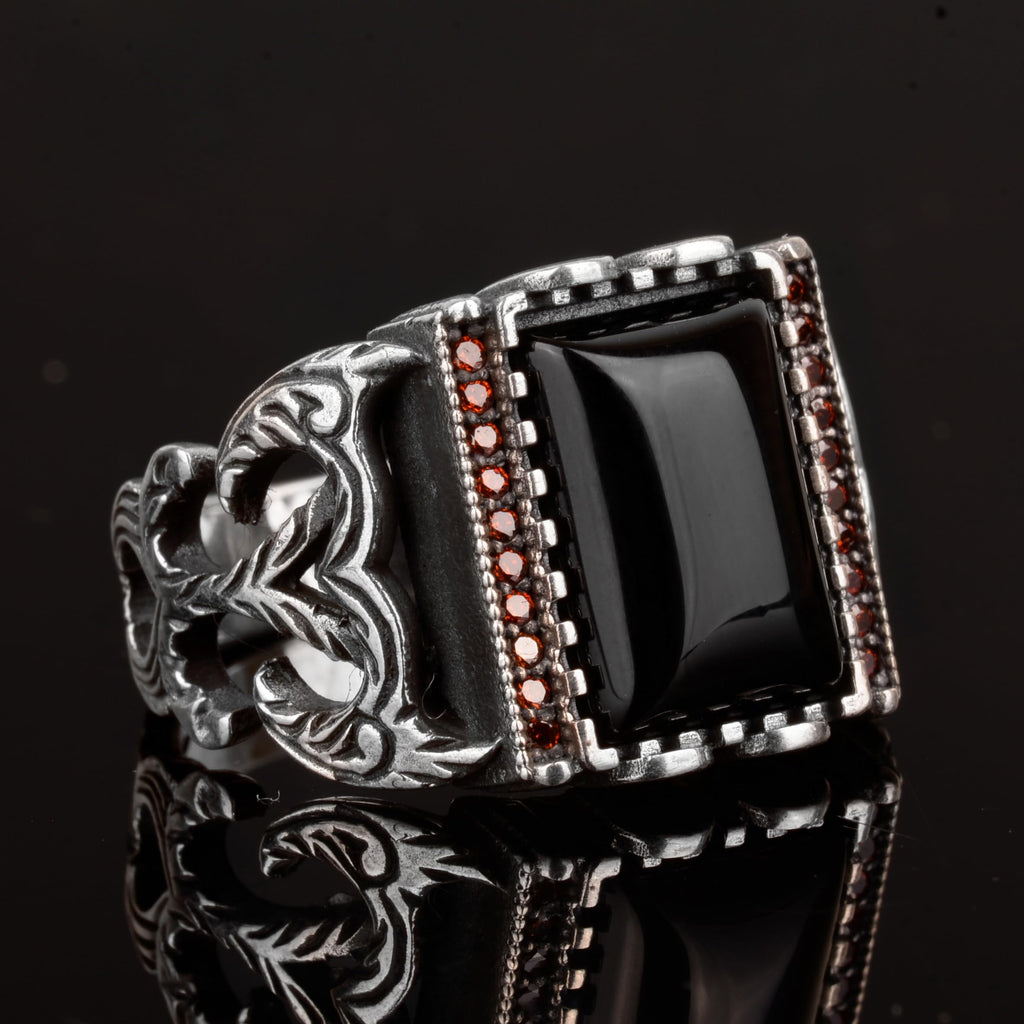 Natural Obsidian Stone Ring, 925 Sterling Silver Men's Ring — 4