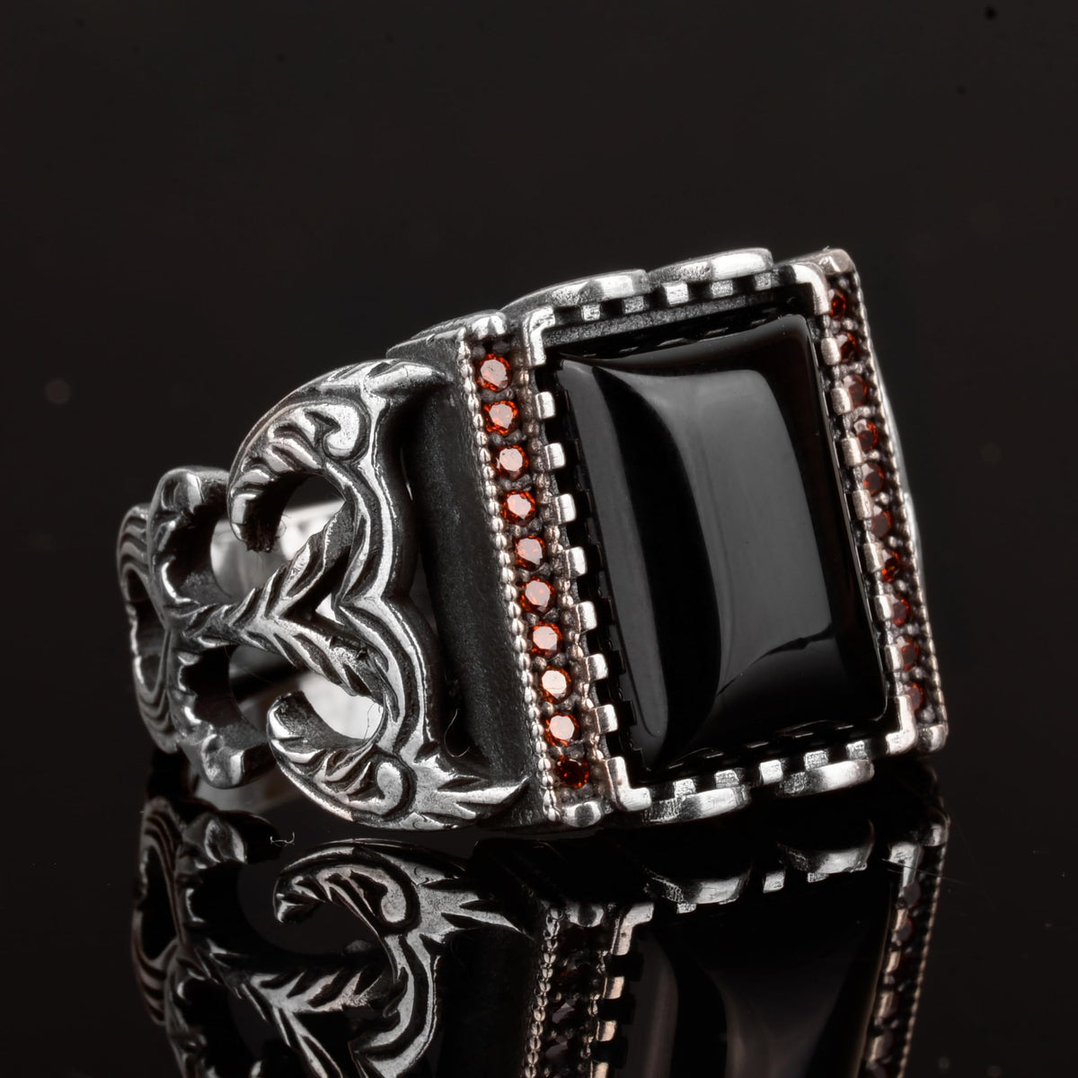 Natural Obsidian Stone Ring, 925 Sterling Silver Men's Ring — 4