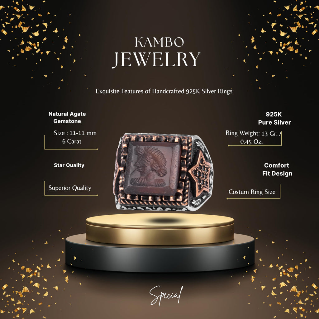 KAMBO Natural Agate Stone Men's Ring – 925 Sterling Silver Star Side Designed Square Motif Ring (Warrior) — 2