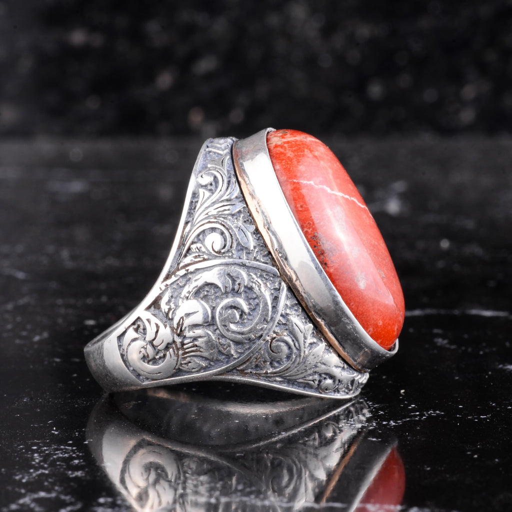 KAMBO Natural Red Bloodstone Large Men's Ring - Red Stone Ring - 925 Sterling Silver Handmade Ottoman Floral Engraved Ring — 6