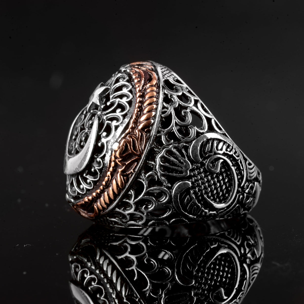 KAMBO Handmade 925 Sterling Silver Moon and Star Ring for Men, Adjustable Vintage Flag Style Statement Jewelry, Masculin