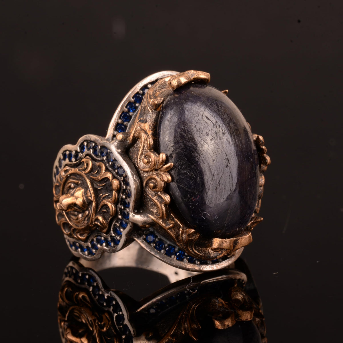 Natural Sapphire Stone Ring, Lion Ring, 925 Sterling Silver Men's Ring — 4