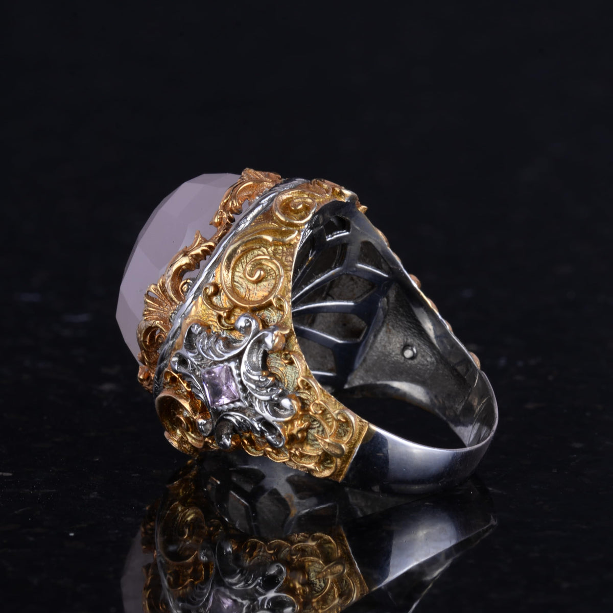 KAMBO Created Stone Men's Ring - Sultan Ring - Handmade 925 Sterling Silver Ring - Unique Ring (Created Rose Quartz) — 7