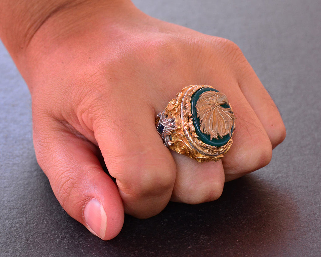 Jade Stone Ring - 925 Sterling Silver Signal Ring - Handmade Men's Gold Plated Ring (Hawk) — 7