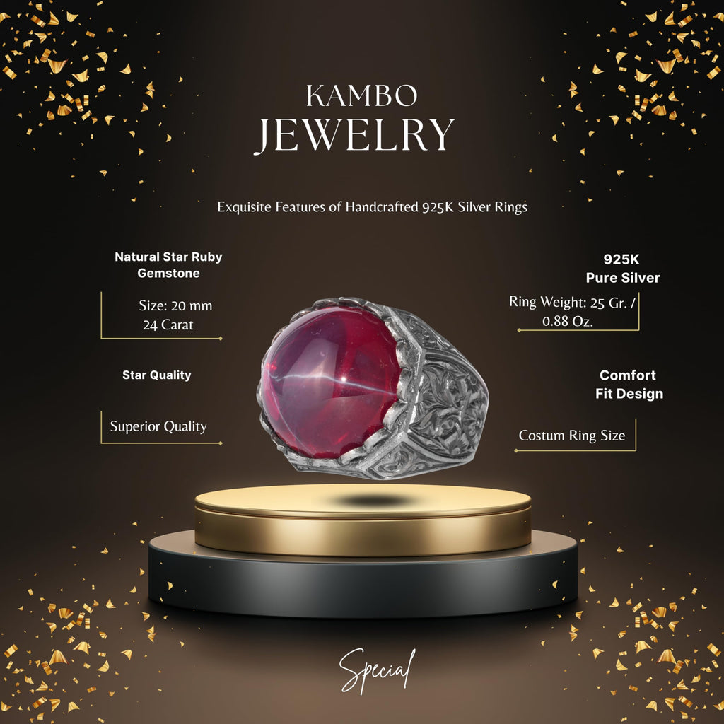 KAMBO Star Ruby Stone Men's Ring 925 Sterling Silver – Round Red Stone Ring – Handmade Classic Vintage Jewelry — 2