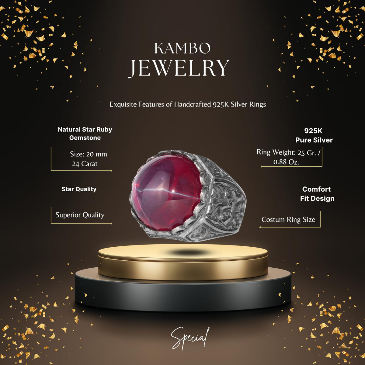 KAMBO Star Ruby Stone Men's Ring 925 Sterling Silver – Round Red Stone Ring – Handmade Classic Vintage Jewelry — 2