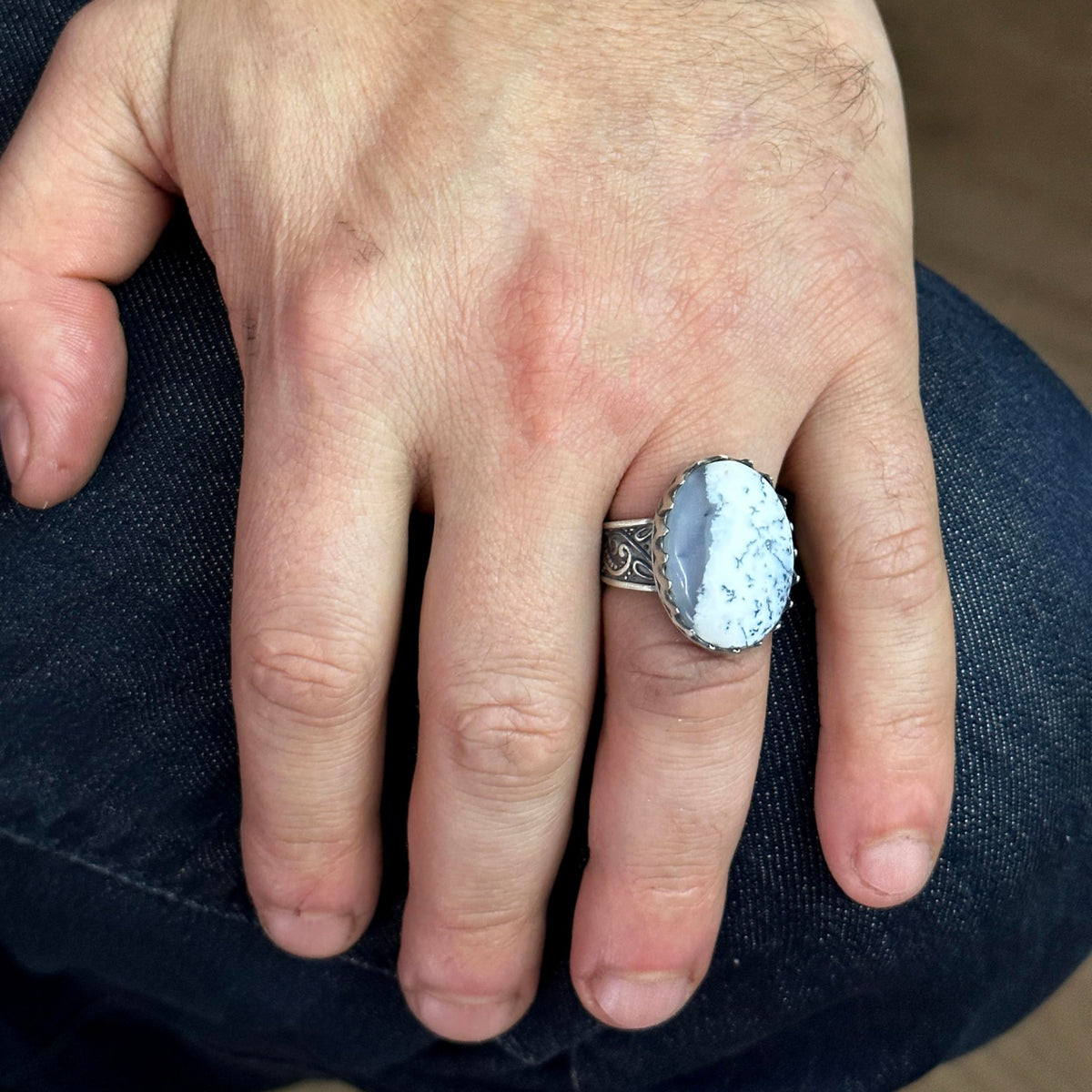 Silver Men's Ring, Dendrite Agate Natural Stone — 3