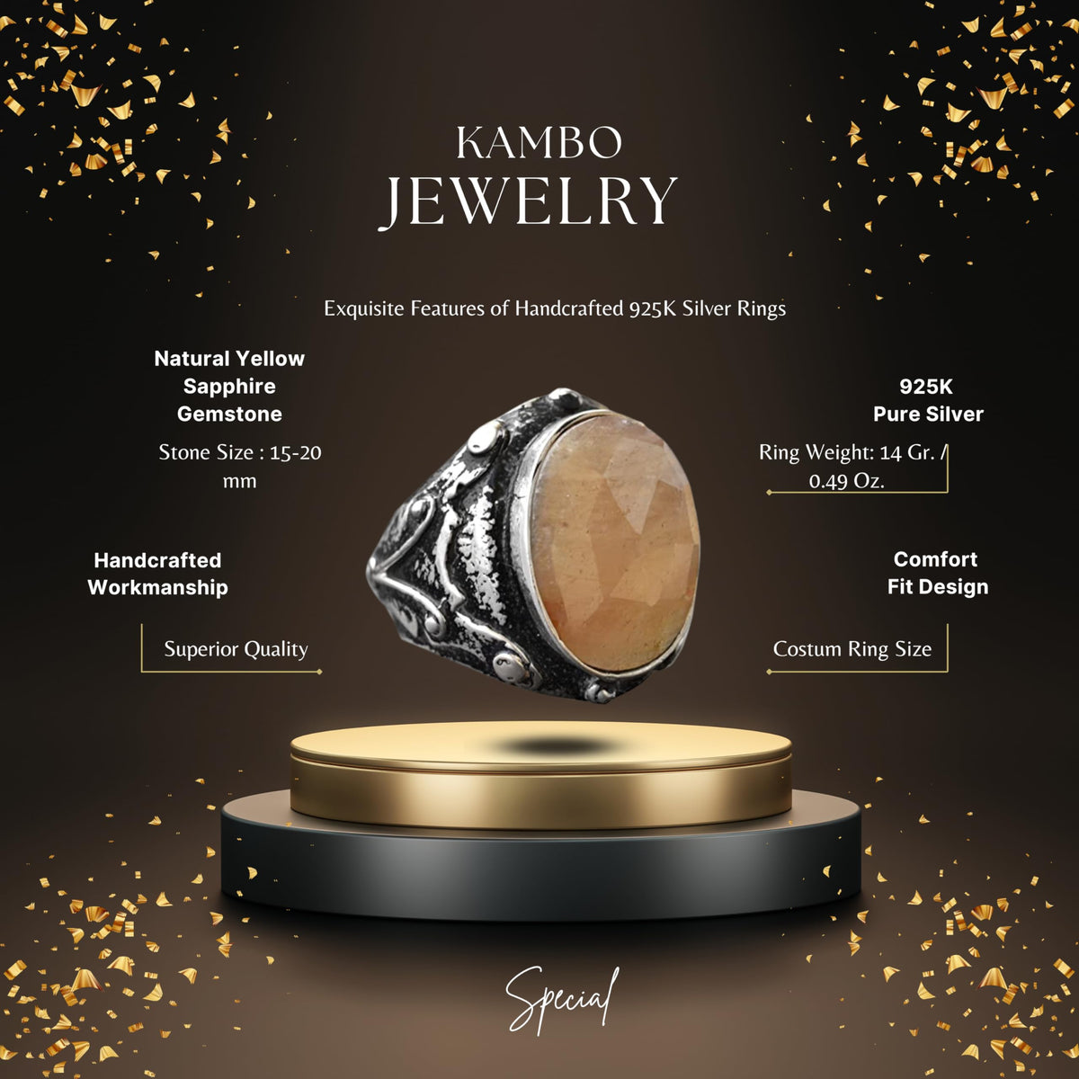 KAMBO Handmade 925 Sterling Silver Men's Yellow Sapphire Gemstone Ring, Vintage Statement Design, Solid Sterling Silver 