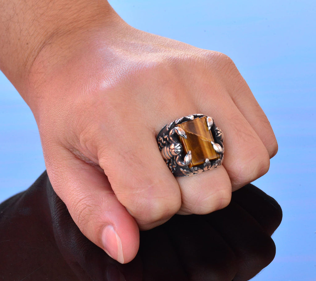 Handmade Silver Men's Ring | Natural Tiger's Eye Stone and Scorpion Design | Bold and Protective — 7