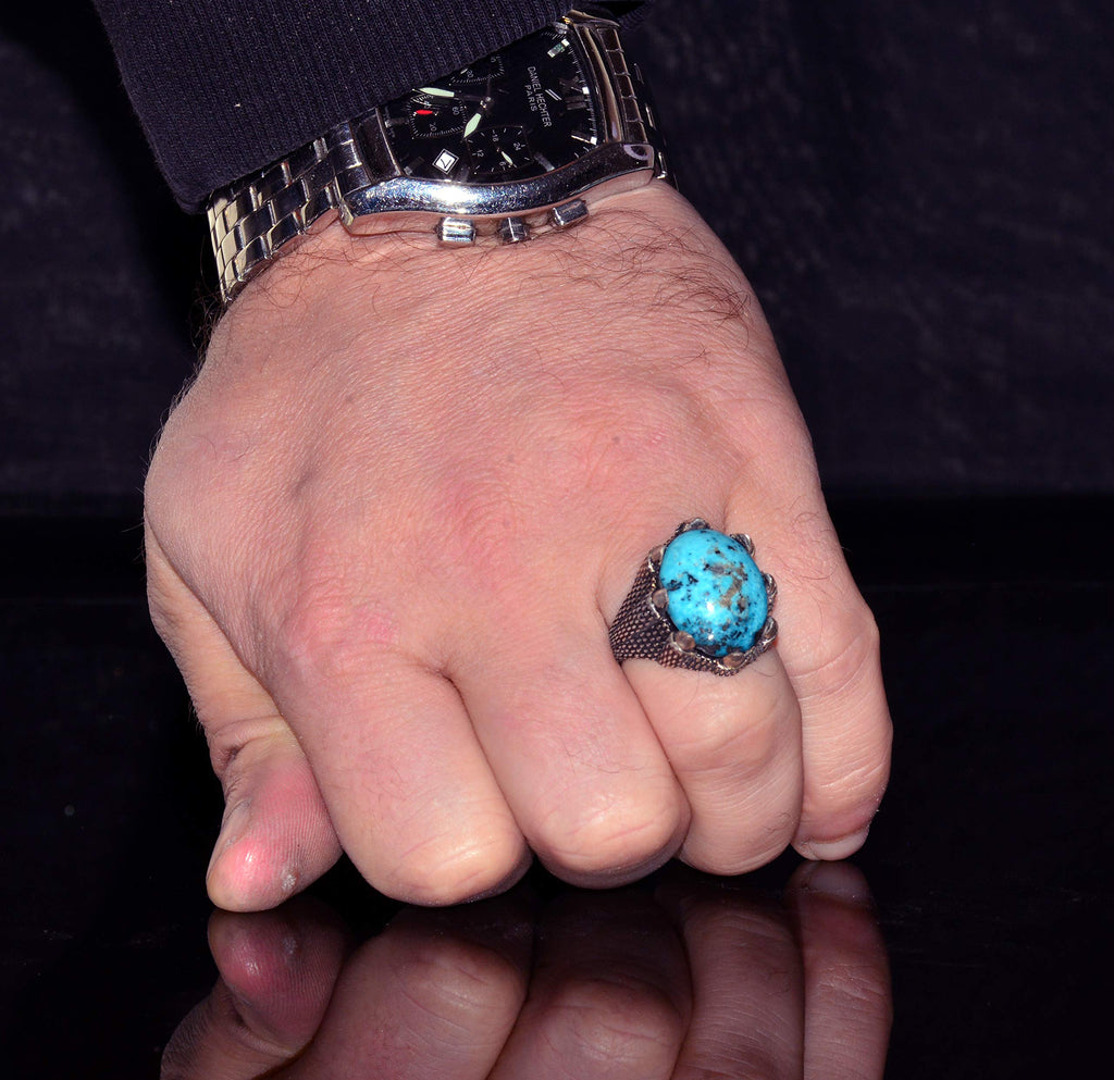 Silver Men's Ring - Arizona Turquoise Natural Stone - Hawk Claw Design (Model-1) — 7