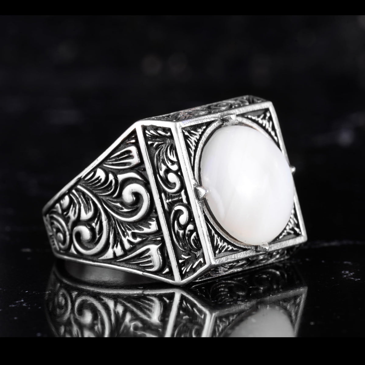 KAMBO Natural Round Stone Square Men's Ring 925 Sterling Silver – Ottoman Pattern Handmade Stone Ring (Pearl-1) — 6