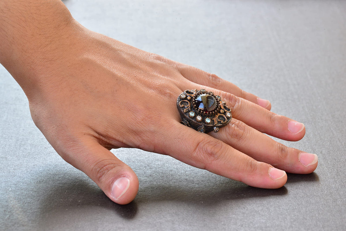 Natural Garnet Stone Antique Ring - 925 Sterling Silver Unisex Ring — 5