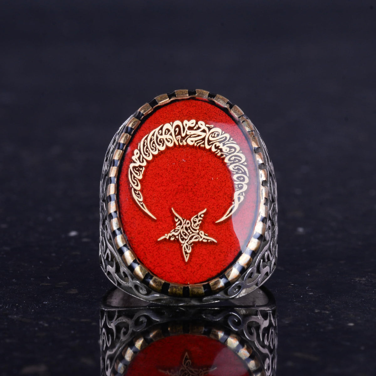 925 Sterling Silver Men's Ring - Moon and Star Design, Synthetic Stone - Silver Ring — 4