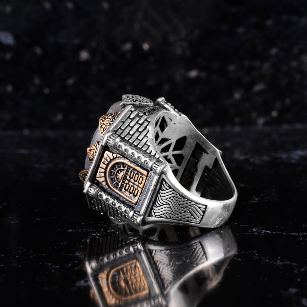 Natural Labradorite Men's Ring 925 Sterling Silver Geometric Frame Black Stone Details Bronze Accents Handmade Statement Ring — 7