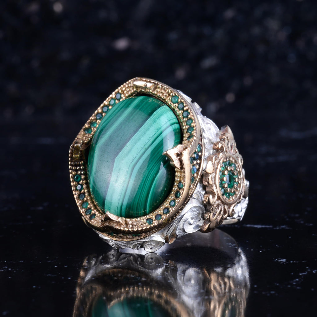 KAMBO Natural Stone Men's Ring – 925 Sterling Silver Bronze Detail Statement Ring – Large Oval Green Handmade Ring (Malachite) — 5