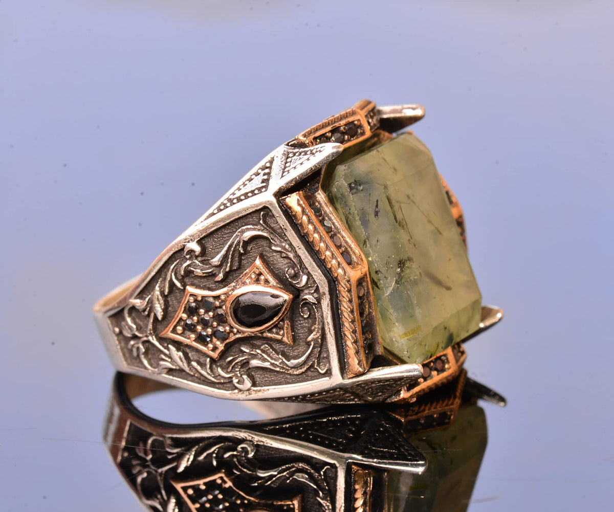 KAMBO Handmade Sterling Silver Men's Ring with Genuine Prehnite Gemstone, King Style Band, Vintage Statement Jewelry, 92