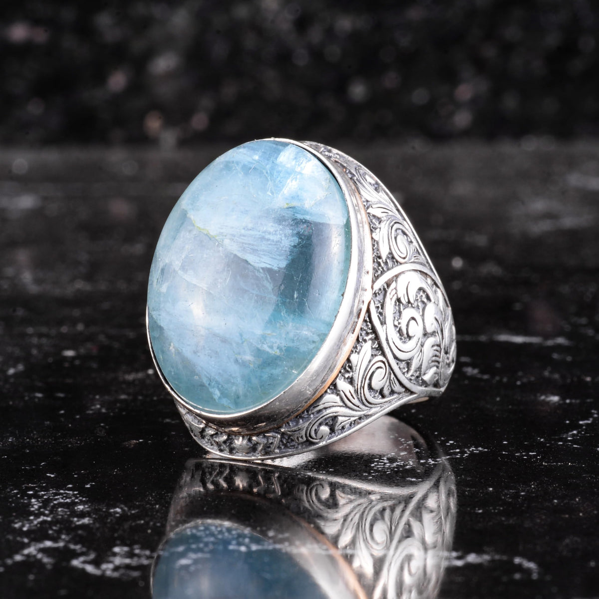 KAMBO Natural Aquamarine Stone Large Men's Ring - Oval Stone Vintage Floral Engraved Statement Ring - 925 Sterling Silver Handmade Men's Jewelry — 5
