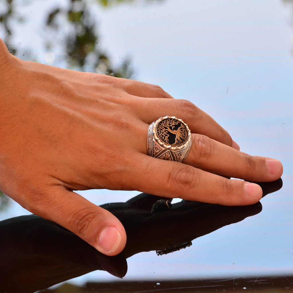 925 Solid Sterling Silver Ring - Round Silver Men's Ring - Signet Rings (Tree of Life)