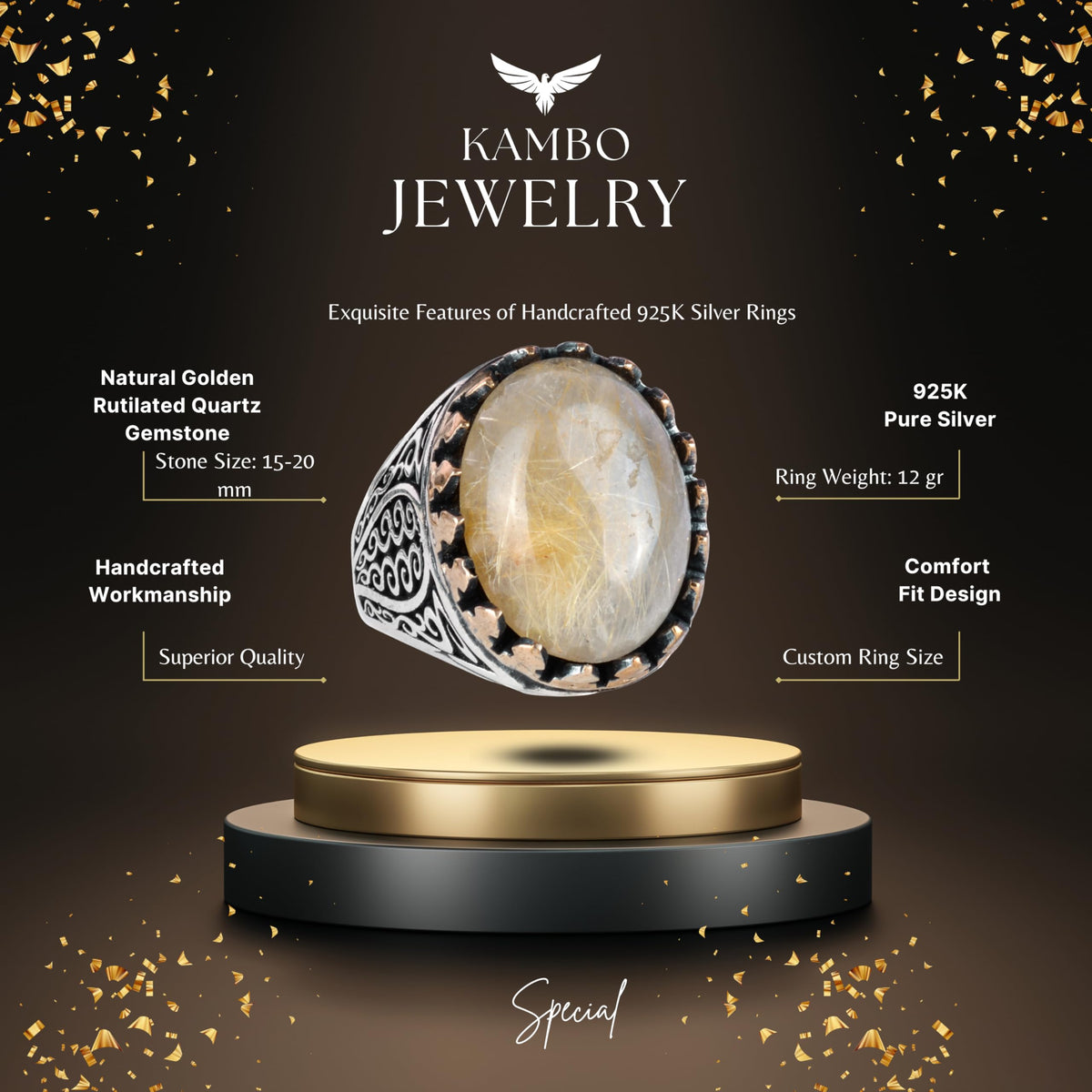925 Sterling Silver Men's Ring - Handmade Elegance with Gold Rutilated Quartz Stone — 5