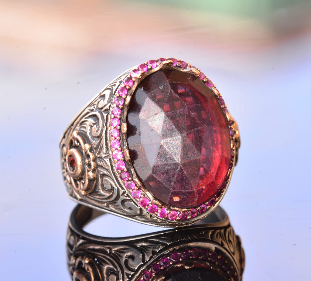 Handmade Natural Garnet Stone Silver Men's Ring - Symbol of Passion and Protection — 7
