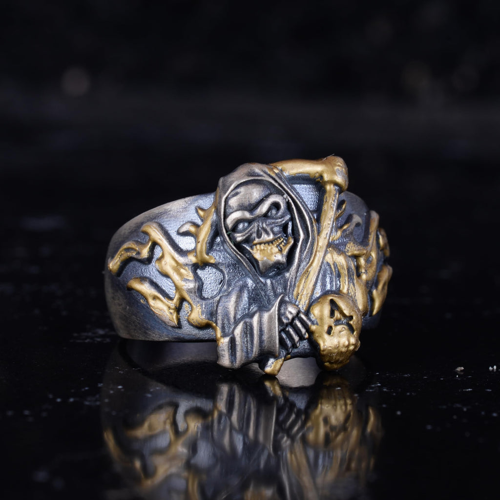 KAMBO 925 Sterling Silver Men's Grim Reaper Ring – Gothic Skull Reaper Design – Handmade Punk Rock Silver Jewelry (Gold Plated) — 6