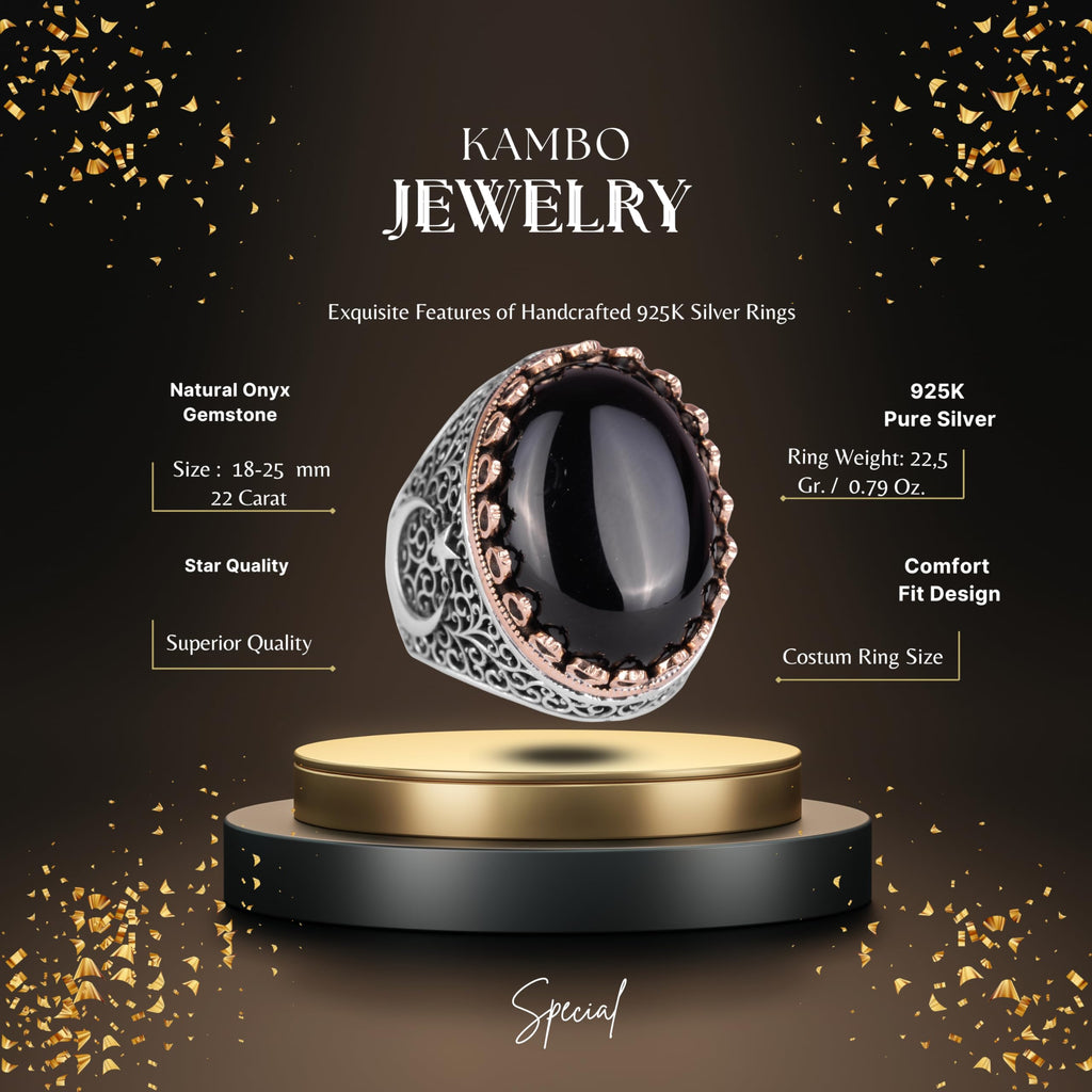 KAMBO 925 Sterling Silver Men's Natural Stone Ring - Moon and Star Design - Handmade Vintage Jewelry (Onyx) — 2