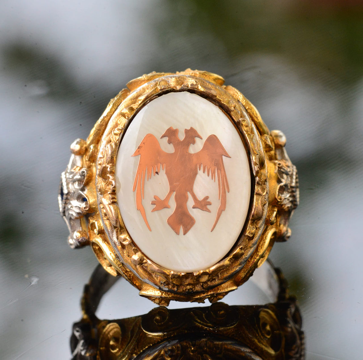 Men's Silver Ring - Pearl Stone - Ring (Double Headed Eagle) — 5