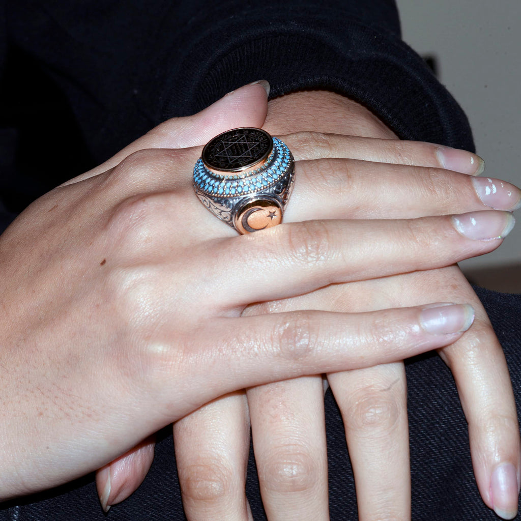 Islamic Star of David Ring - Crescent and Turquoise Detailed, 925 Sterling Silver — 7
