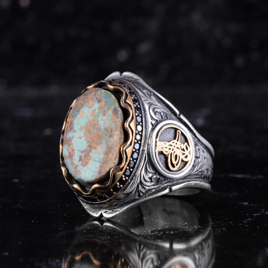 KAMBO Natural Turquoise Stone Ottoman Tugra Men's Ring 925 Sterling Silver – Handmade Statement Ring (Turquoise-5) — 5