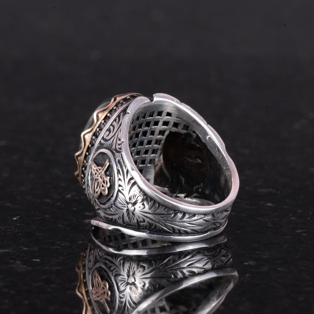 925 Sterling Silver Men's Ring, Mossy Agate Stone Ring, Ottoman Tughra Stone Ring — 5