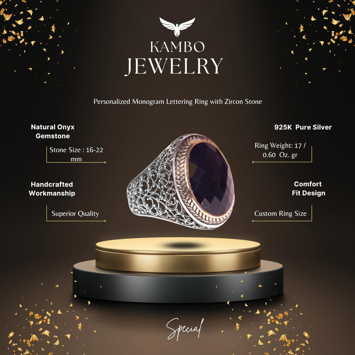 Black Onyx Stone and Filigree Designed 925 Sterling Silver Men's Ring — 2