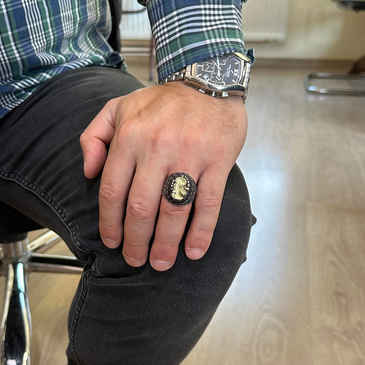 Natural Agate Stone Shaman Ring - Carved Native American Chief Ring, 925 Sterling Silver Men's Ring — 3