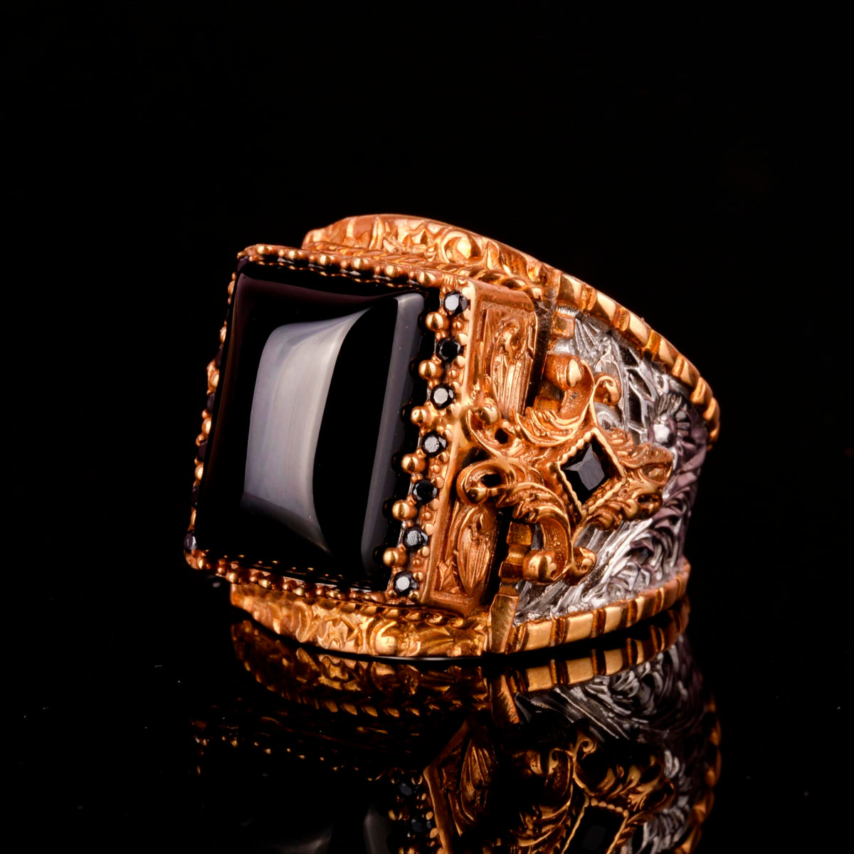 Men's Silver Ring, Natural Onyx Gemstone Ring, King Ring — 6